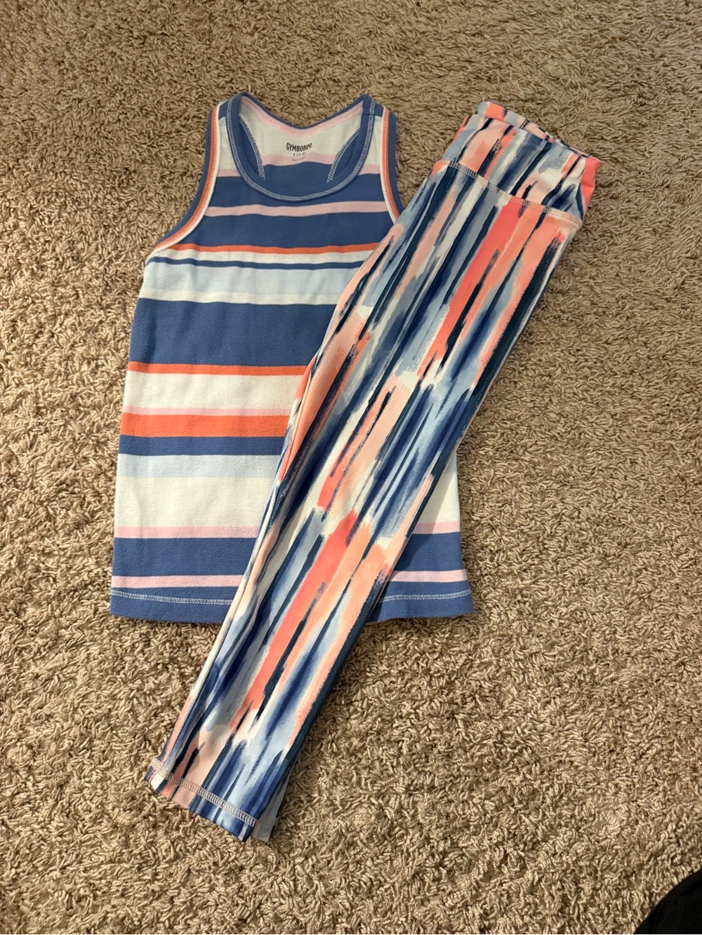 Gymboree Coral Blue White Striped Tank with Brushstroke Coral & Navy Leggings